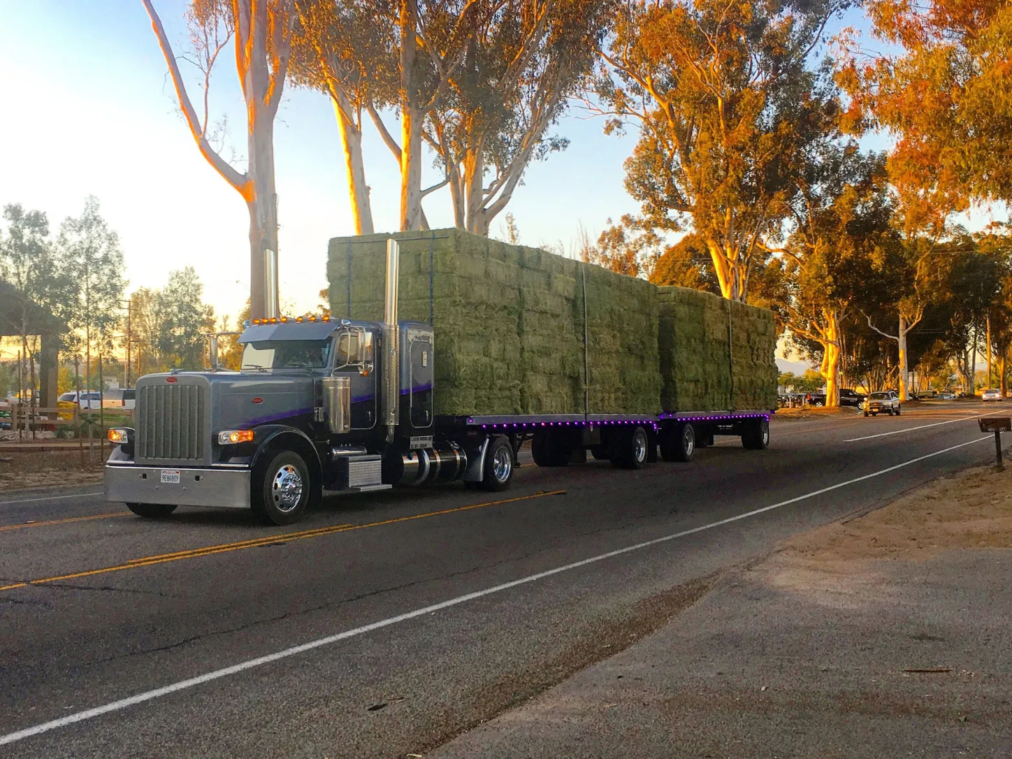 Side view of a semi truck hauling stacked hay bales across a rural landscape.